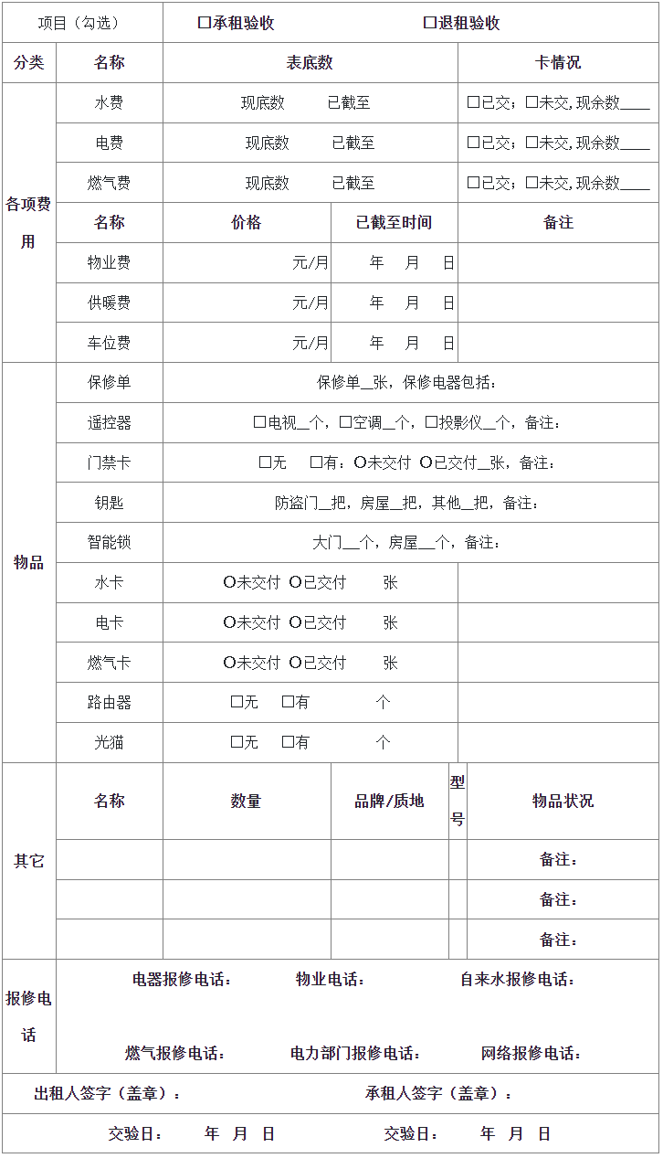 房屋交接驗(yàn)收確認(rèn)單