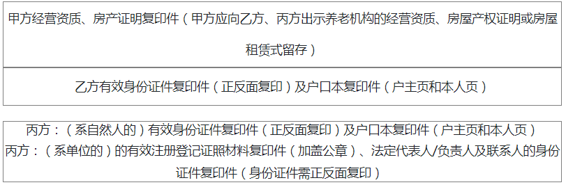 甲方经营资质、房产证明复印件；乙方、乙方监护人、丙方身份证件、户口本复印件等